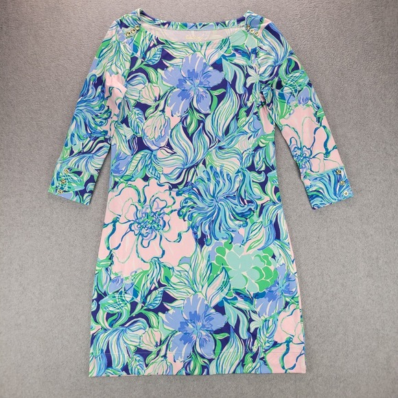 Lilly Pulitzer Dresses & Skirts - Lilly‎ Pulitzer Sophie Shift Dress Pink Blue Floral Gold Button Shoulder Small